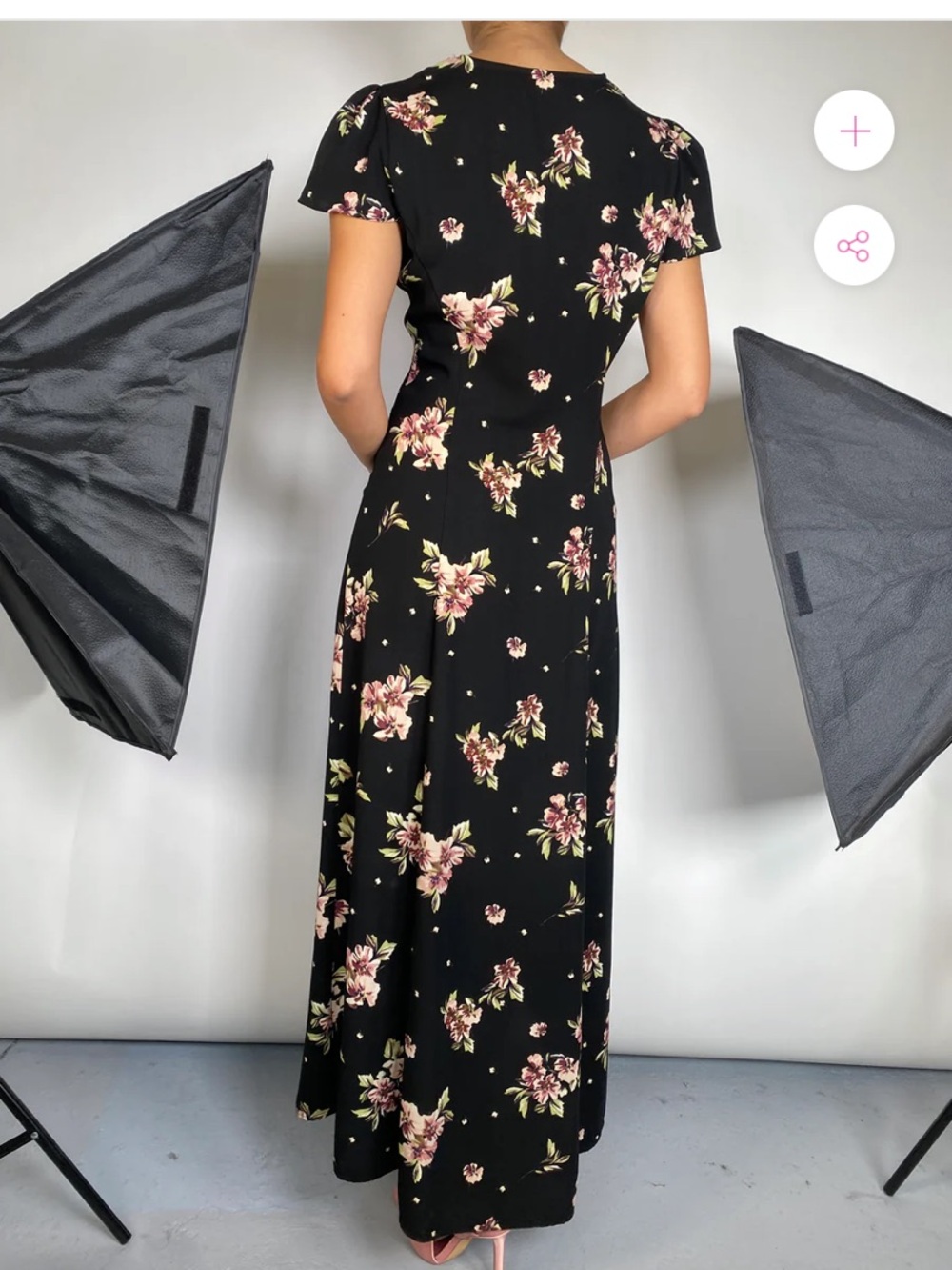 Zara Black Floral Maxi Dress with Pink Blossoms size M - Picture 3 of 5